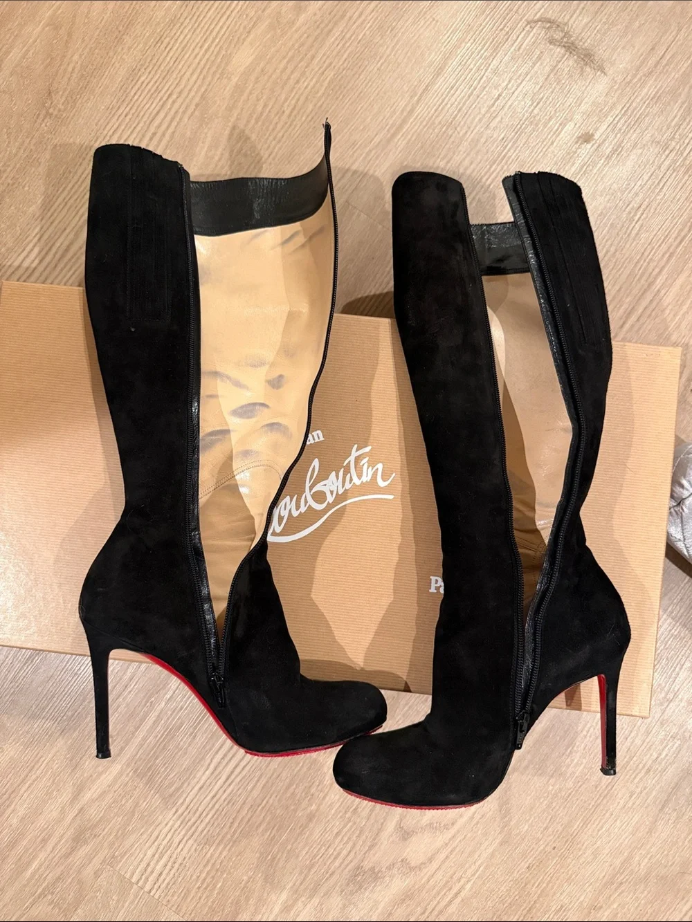 Christian Louboutin Black Suede Over-the-Knee Stiletto Boots with Red Soles
